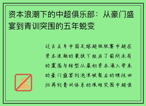 资本浪潮下的中超俱乐部：从豪门盛宴到青训突围的五年蜕变