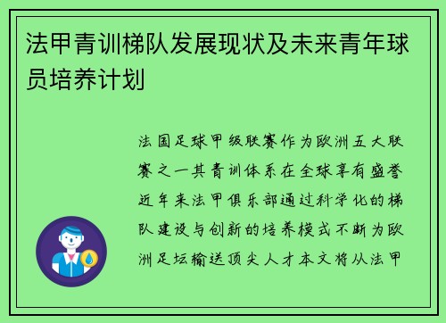 法甲青训梯队发展现状及未来青年球员培养计划